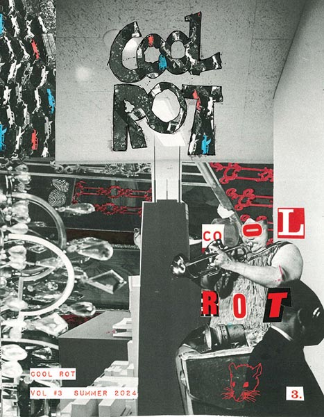 a collage of old photos including jazz trumpet handcock building, cars in a junkyard for the cover of Cool Rot Vol 3 summer 2024 by harry james