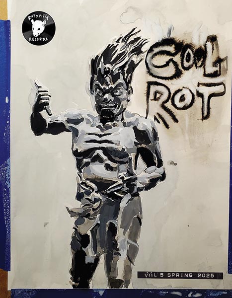 Spring 2025 Cool Rot Vol 5 cover showing a painting by Kevin McGraph in greyscale of a troll looking naked clay-like man holding a tool