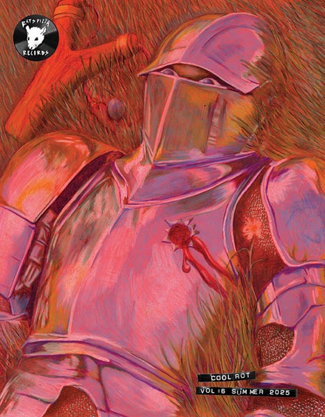 redish cover with knight laying shocked and shot in a grassy field next to a sling shot by painter Nayef Nebhan for Summer 2025 Cool Rot Vol 6